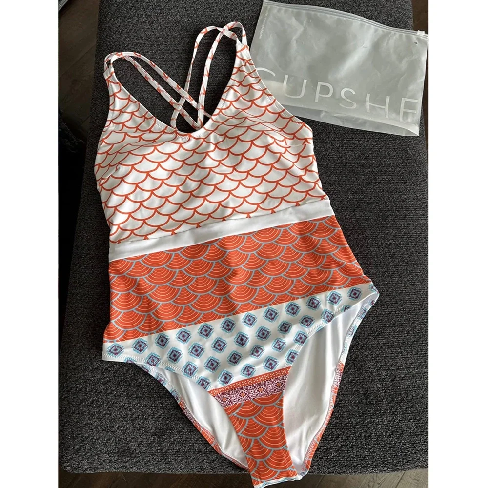 Women's One Piece Swimsuit Scoop Neck Double Straps Geo-Print Swimwear - Picture 3 of 4